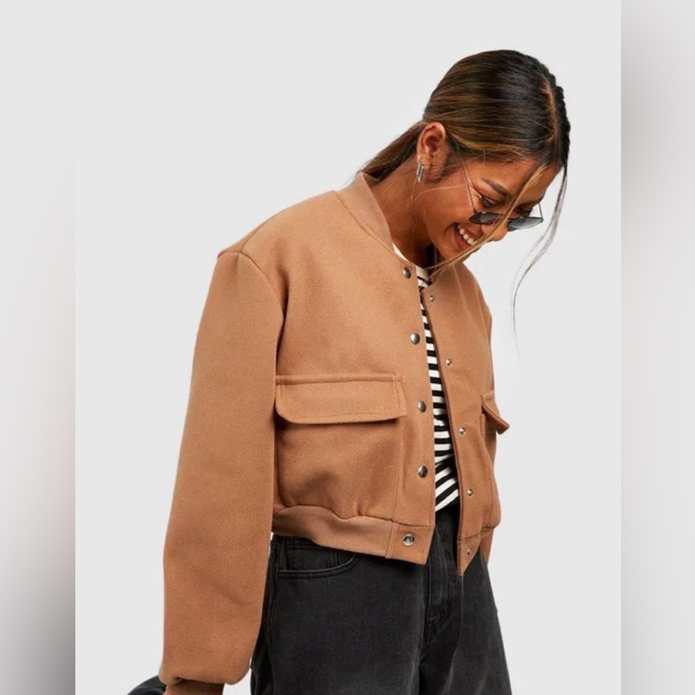 Boohoo Camel Wool-Blend Bomber Jacket